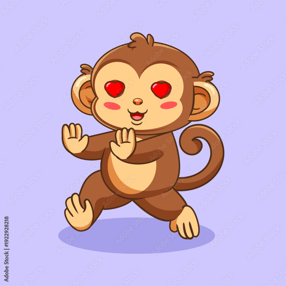Obraz premium Cute Monkey Chasing Crush With Love Eyes Emoji Vector Illustration Cartoon Design Kawaii 
