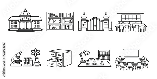 Education and campus facility icons arranged on gray background