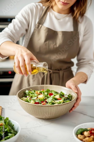 Woman dressing a salad with olive oil