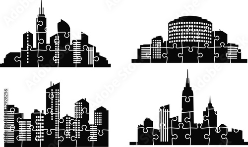 City skyline puzzle silhouette illustration set representing urban development planning teamwork and business solution concept isolated on white background