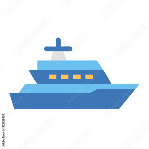 Simple blue luxury yacht isolated on a black background, flat vector design