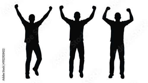 Three silhouetted figures with arms raised in a celebratory gesture