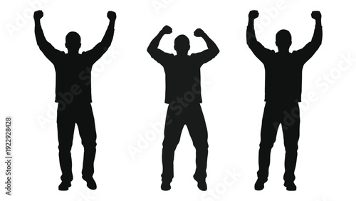 Three silhouettes of men with arms raised in celebration or victory