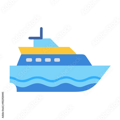 Flat design icon of a modern yacht in shades of blue and yellow