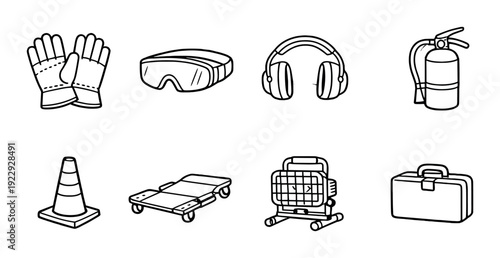 Safety gear and site equipment displayed on gray gradient background