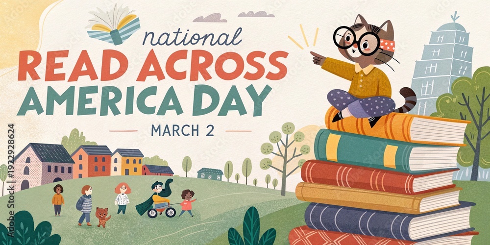 Fototapeta premium National Read Across America Day poster with cute cat reading on book stack