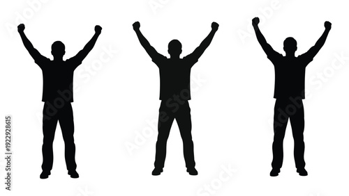 Three silhouetted figures with arms raised in a celebratory gesture