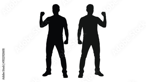 Two silhouetted figures with raised fists appearing victorious or celebrating