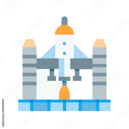 Rocket launchpad platform, illustration of a space shuttle on a dark background