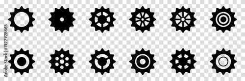 Collection of mechanical cogwheels. Gears icon set. Setting gears icon. Vector illustration with black silhouettes sprocket icons or signs design element. Transparent isolated background.