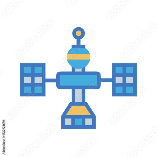 Flat vector graphic of an artificial satellite with solar panels on black background