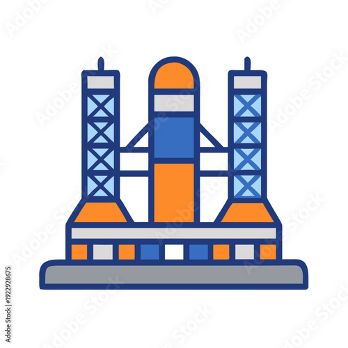 Illustration of a space rocket on launch pad in cartoon flat style