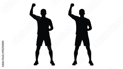 Silhouettes of two people with arms raised in a celebratory or victorious pose