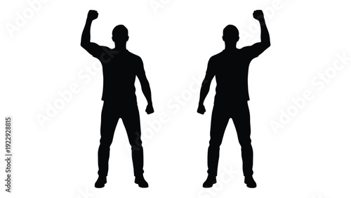 Two silhouetted figures with arms raised in a celebratory gesture against a white background