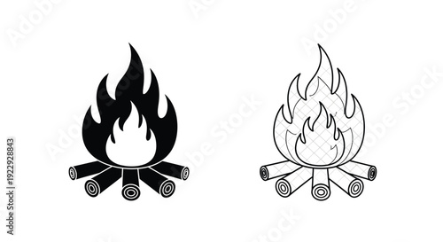 Two black and white illustrations of a campfire with burning logs