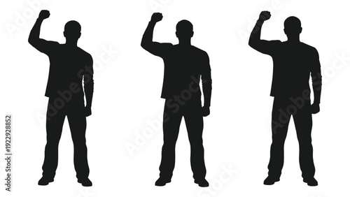 Three silhouetted figures raising their arms in a gesture of celebration