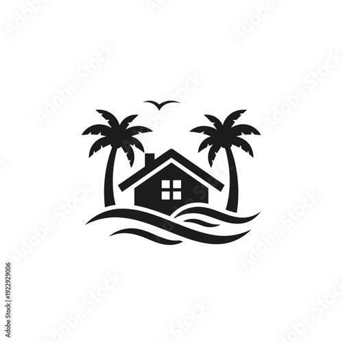 Tropical House Logo with Palm Trees and Ocean Waves