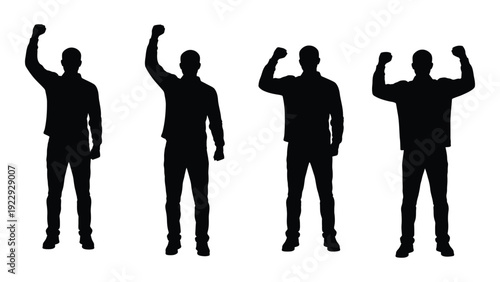 Four silhouettes of a man demonstrate various arm raising and flexing poses