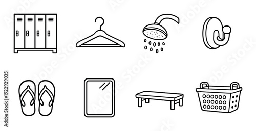 Locker room icons depicting storage and shower area elements