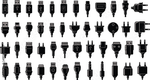 Electronic connectors and plugs collection with USB, audio jacks, HDMI, Ethernet, power adapters, silhouette hardware design illustration