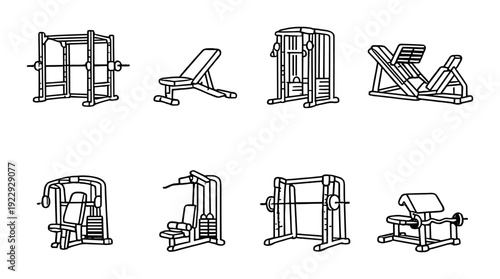 Strength training machines icons arranged on dark gradient background