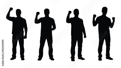 Silhouettes of men raising fists in various poses depicting strength and solidarity