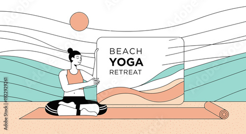 Woman Meditating on Yoga Mat at Beach - Beach Yoga Retreat Illustration