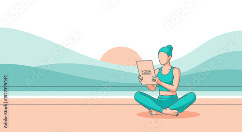 Woman Meditating on Beach Reading Yoga Book at Sunrise
