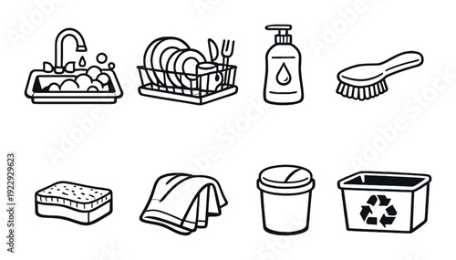 Dishwashing tools shown as icons on gray gradient background