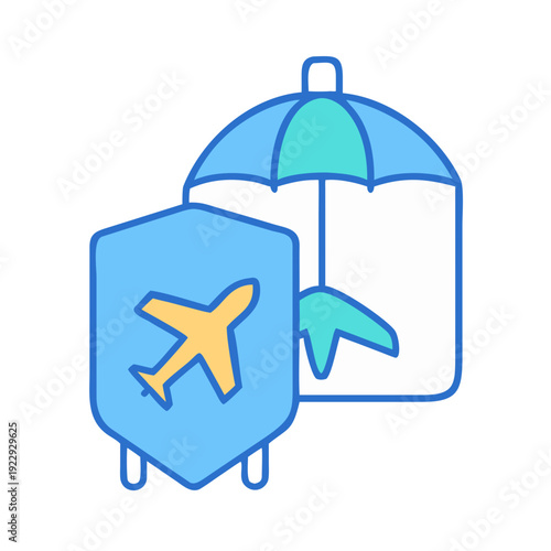 Travel insurance vector illustration: protection concept with airplane shield and umbrella