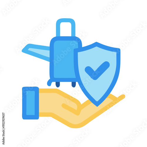 Travel insurance icon showing luggage, airplane, shield and hand, security concept