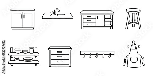 Kitchen furniture and accessories shown as icons on gray background