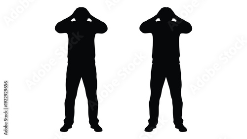 Two identical black silhouettes of people with hands covering their eyes