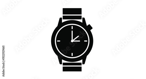 Simple black and white illustration of a wristwatch with time displayed