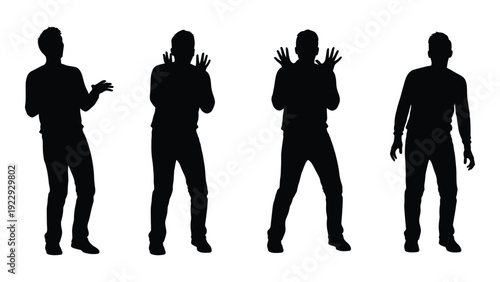 Four silhouetted figures pose in varied gestures against a white background