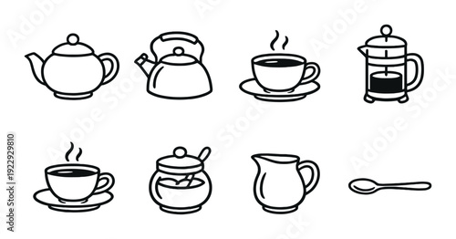 Tea and coffee items arranged on gray background in rows