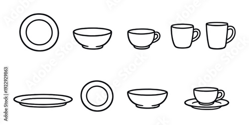 Tableware icons including plates bowls and cups on gray background