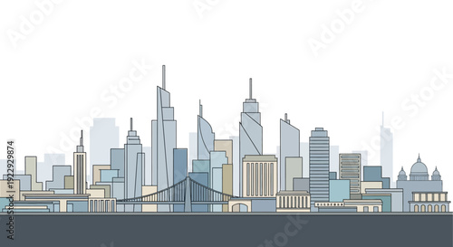 City skyline with modern skyscrapers and bridge illustration.