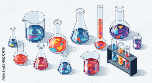 Laboratory equipment with colorful liquids in various glass containers.