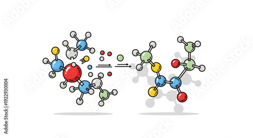 Molecular structures transformation illustration with colored atoms and bonds.