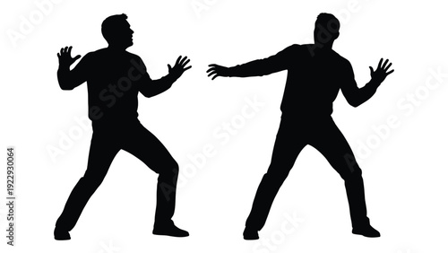 Two silhouetted figures pose with arms raised appearing to dance or react