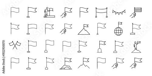 Collection of Hand-Drawn Line Representing Flags Bunting and Goal Achievement Symbols