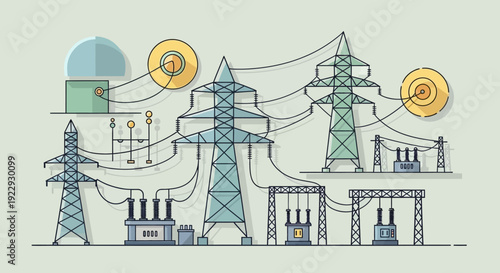 Electrical Power Grid with Transmission Towers and Substation in an Outdoor Landscape