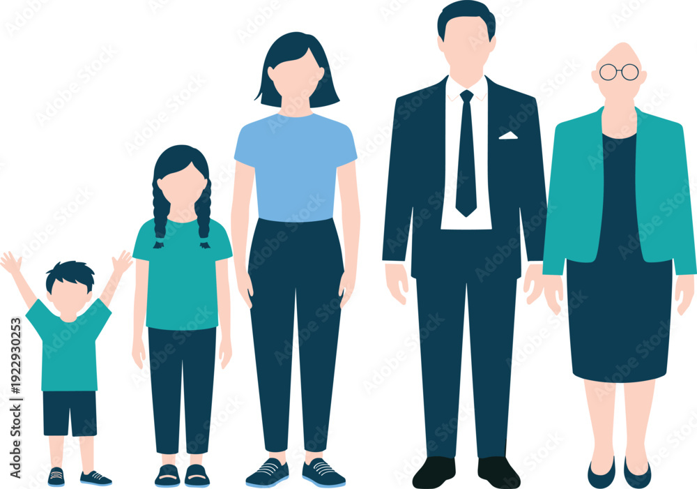 Fototapeta premium Family generation character set with children, parents and grandmother, flat vector illustration of people in casual and formal outfits isolated background