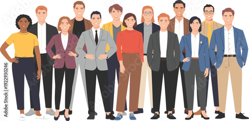 Diverse business team character group, men and women in formal and smart casual outfits, full body corporate people flat vector illustration isolated background