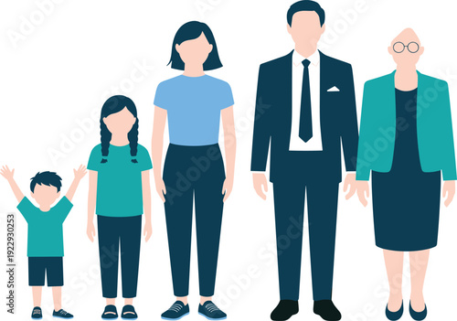 Family generation character set with children, parents and grandmother, flat vector illustration of people in casual and formal outfits isolated background