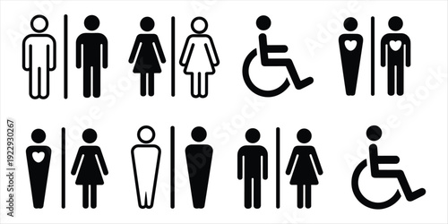 Assorted black and white restroom and accessibility icons on white background Keywords: restroom, toilet, icon, symbol, men