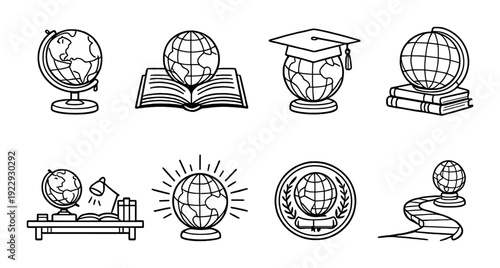 Educational globe icons arranged in two rows on dark background