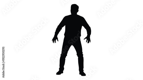 A silhouetted figure of a man standing with arms outstretched against a white background