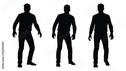 Three silhouetted men standing in a row against a white background